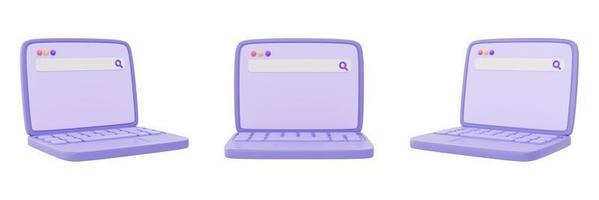 conjunto de laboratorio de computadora púrpura aislado sobre fondo blanco, colección de objetos de concepto de compras en línea, renderizado 3d. foto
