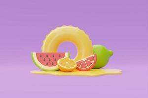 Summer time concept with inflatable ring and colorful summer fruits on purple background, , 3d rendering. photo
