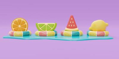 Colorful inflatable ring with orange,lemon and watermelon on purple background, Summer time concept, 3d rendering. photo