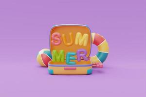 concepto de horario de verano con maleta y coloridos elementos de playa de verano sobre fondo morado, representación 3d. foto