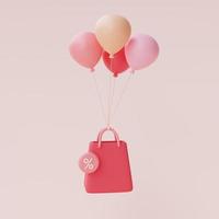 Render 3d de bolsa de compras rosa con flotador de globos aislado sobre fondo pastel, concepto de venta del día de san valentín, estilo minimalista. foto