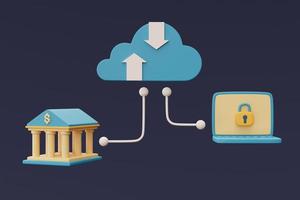 tecnología de almacenamiento en la nube, la computadora se conecta al almacenamiento de datos en línea y transfiere información, base de datos, seguridad, estilo mínimo. Representación 3d. foto