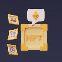 palabra nft en marco de imagen con signo nft y ethereum, arte criptográfico, tecnología de innovación, renderizado 3d. foto