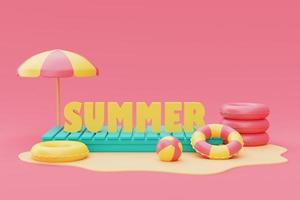 3d rendering of summer vacation concept with colorfull summer elements,minimal style.3d render. photo