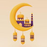 Saludos de ramadán 3d con linterna, mezquita y luna creciente, fiesta islámica, raya hari, eid al adha, representación 3d. foto