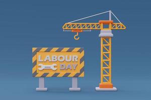 Happy labour day with yellow tower crane and Under construction sign,Construction tools and equipment.3d rendering photo