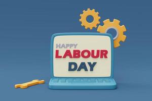 Labour day on computer laptop screen with Construction tools and equipment.3d rendering photo