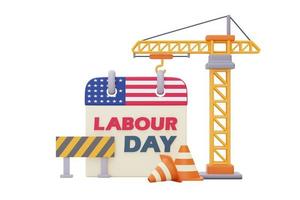 día del trabajo, calendario con bandera americana, herramientas y equipos de construcción. Representación 3d foto