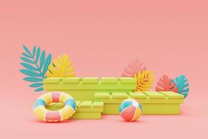 summer display with colorful inflatable ring,beach ball and palm leaves,3d rendering. photo
