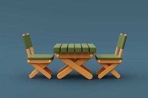 Render 3D de mesa de madera aislada sobre fondo azul, equipo de campamento, concepto de vacaciones. Estilo minimalista. Representación 3D. foto