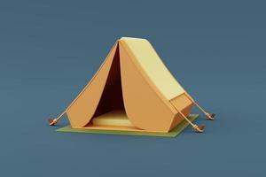 Render 3D de tienda de campaña aislada sobre fondo azul, equipo de camping, concepto de vacaciones. estilo minimalista. foto