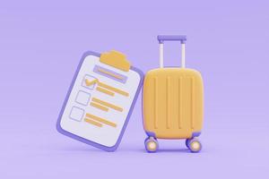 Tourism and travel plan to trip concept with yellow suitcase and checklist,Time to travel concept,holiday vacation,3d rendering photo