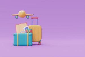 maleta colorida con avión, turismo y plan de viaje para el concepto de viaje, vacaciones, horario de verano, representación 3d foto