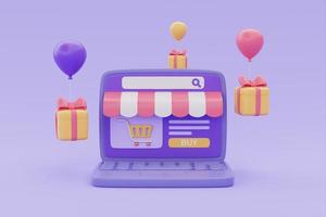 Online shopping store on laptop with gift boxes and balloon floating on purple background, 3d rendering. photo