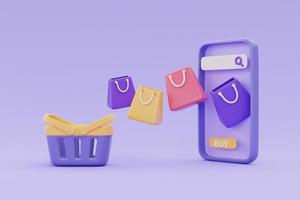 tienda de compras en línea en smartphone con cesta de compras y bolsas sobre fondo morado, representación 3d. foto