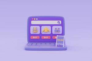 Online shopping store on laptop with ONLINE sign on purple background, digital marketing promotion, 3d rendering. photo