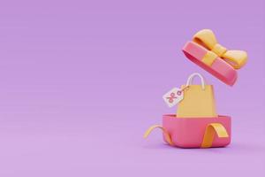 opened 3d gift box and shopping bag with copy space on purple background, 3d rendering. photo