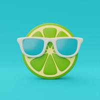 Slice of lemon with sunglasses isolate on blue background, summer fruits, 3d rendering. photo