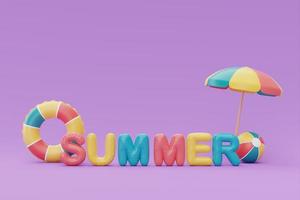 concepto de horario de verano con coloridos elementos de playa de verano sobre fondo púrpura, renderizado 3d. foto