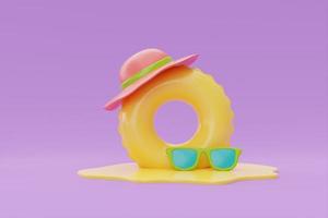concepto de horario de verano con anillo inflable y coloridos elementos de playa de verano sobre fondo morado, representación 3d. foto