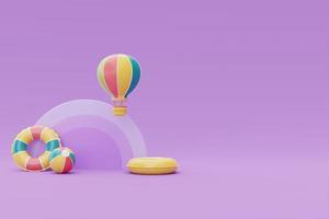 summer display with colorful summer beach elements on purple background, 3d rendering. photo
