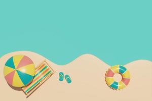 Summer time concept with beach chair,umbrella and colorful summer beach elements, 3d rendering. photo