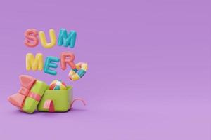 Opened gift box with colorful inflatable ring and colorful balloon text of summer on purple background, Summer time concept, 3d rendering. photo