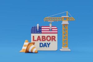 Happy labor day usa concept with calendar and construction tools on blue background, 3d rendering