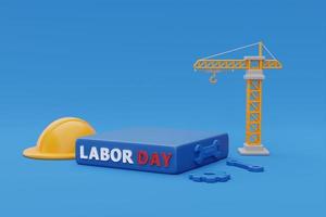 Happy labor day usa concept, podium display with construction tools and balloon on blue background, 3d rendering photo