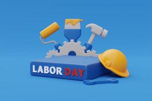 Happy labor day usa concept, podium display with construction tools and balloon on blue background, 3d rendering photo