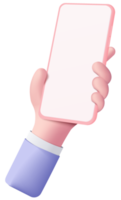 3D-Hand mit Handy isoliert auf pastellfarbenem Hintergrund, Hand mit Smartphone mit leerem Bildschirm für Mockup-Mobilkonzept. präsentieren sie die minimale szene der 3d-anzeige mit dem gerät smartphone png