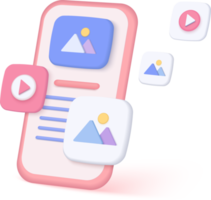 3D minimale sociale media met video- en fotogalerij op mobiele applicatie en mobiel webdesign, optimalisatie van de gebruikersinterface voor banner en website. afbeelding 3d render op roze achtergrond png