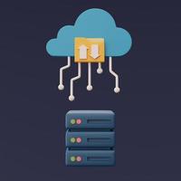 concepto de tecnología de almacenamiento en la nube con bastidores de servidor y símbolo de nube azul, base de datos en línea, información de datos de transferencia, estilo mínimo. Representación 3d. foto