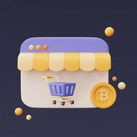 Shopping cart with bitcoin coins,Online shopping concept,Web deals and cryptocurrency,minimal style.3d rendering. photo