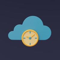 Representación 3d del símbolo de la nube azul con el icono del reloj aislado en el fondo oscuro, tecnología de almacenamiento en la nube, estilo minimalista. foto