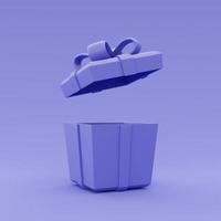 Caja de regalo púrpura abierta en blanco 3d aislada, caja actual con lazo de cinta, estilo minimalista, representación 3d. foto