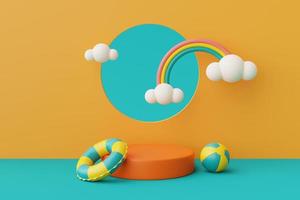 Representación 3d del concepto de vacaciones de verano, pantalla de podio a todo color con globo aerostático, nubes y arco iris, estilo minimalista. Representación 3d. foto