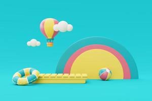 3d rendering of Summer vacation concept,colorfull podium display with summer elements,clouds and rainbow ,minimal style.3d render. photo