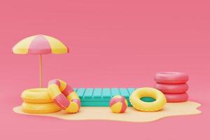 3d rendering of summer vacation concept ,Blue mock up display with Inflatable swimming ring and summer elements,minimal style.3d render. photo