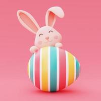 conejito de pascua con huevos de pascua coloridos aislados en fondo rosa, feliz concepto de vacaciones de pascua. estilo minimalista, representación 3d. foto