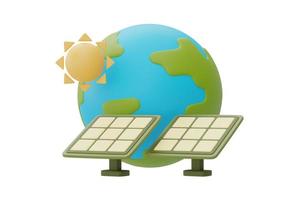 globo mundial con paneles solares, día mundial del medio ambiente, fuente alternativa de electricidad, energía limpia, representación 3d. foto