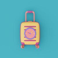 maletas amarillas con reloj, concepto de tiempo para viajar, planificación de vacaciones, vacaciones, listo para viajar. Presentación 3d. foto