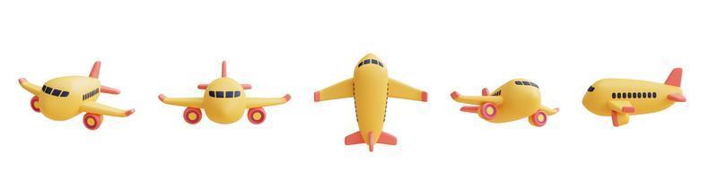 conjunto de avión amarillo, turismo y concepto de viaje, estilo minimalista, plano lay.3d render. foto