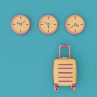 Yellow suitcase with clock,time to travel concept,vacation planning,holiday,Ready for travel.3d render. photo