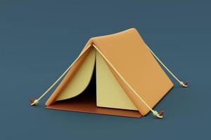 Render 3D de tienda de campaña aislada sobre fondo azul, equipo de camping, concepto de vacaciones. estilo minimalista. foto