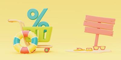 summer sale with colorful summer beach elements and shopping cart,3d rendering. photo