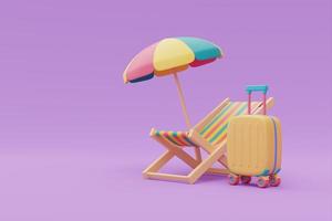 Yellow suitcase with colorful beach chair and umbrella,Tourism and travel plan to trip concept,holiday vacation,summer time,3d rendering photo