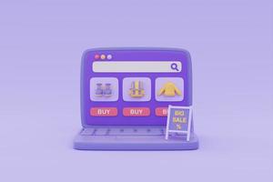 Online shopping store on laptop with BIG SALE sign on purple background, digital marketing promotion, 3d rendering. photo