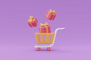 carrito de compras con cajas de regalo, concepto de promociones de venta flash sobre fondo púrpura, renderizado 3d. foto