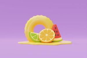 concepto de horario de verano con anillo inflable y coloridas frutas de verano sobre fondo morado, representación 3d. foto